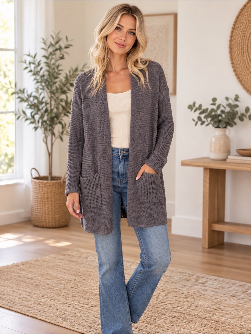 Cozy Open-Front Charcoal Pocket Cardigan Oversized Fit